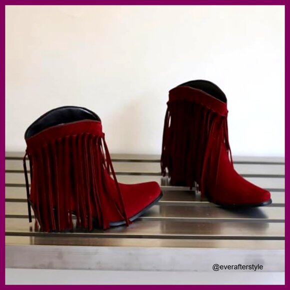 Fringe Tassel Western Ankle Boots, Pull-On Suede Cowboy Booties, 6cm Heel - Picture 5 of 6